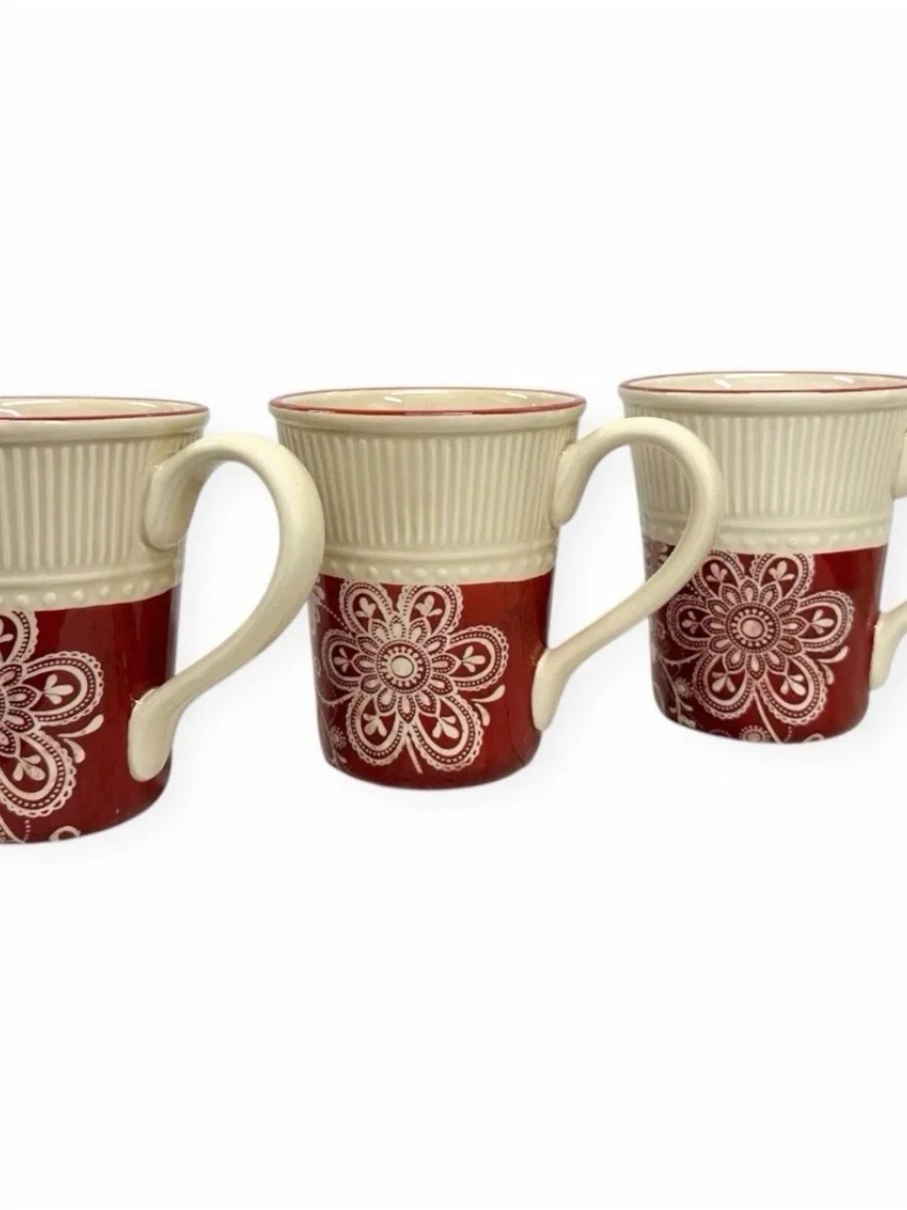 Pier 1 Imports Maribeth Ironstone Mugs Set of 3 Burgundy Cream Floral Cups